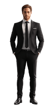 A man in a suit and tie standing with his hands in his pockets png