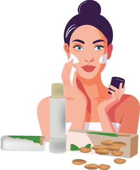 Woman applying organic almond cream on face vector
