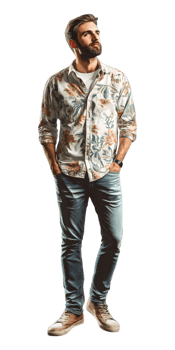 A man in a floral shirt and jeans png