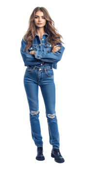 A woman in a denim jacket and jeans png