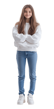 A girl in a white sweatshirt and jeans png