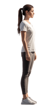 A woman standing in a white t - shirt and gray pants png