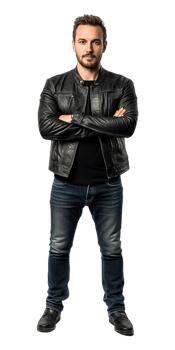 A man in a black leather jacket and jeans png