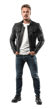 Man in black leather jacket and jeans png
