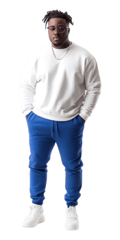 A man in a white sweatshirt and blue sweatpants png