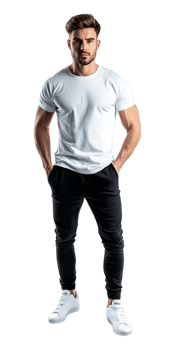 A man in a white t - shirt and black sweat pants png