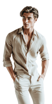 A man in a tan shirt and white pants png