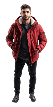 Man in red jacket standing with hands in pockets png