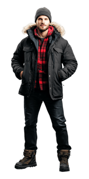 A man in a black parka and red plaid shirt png
