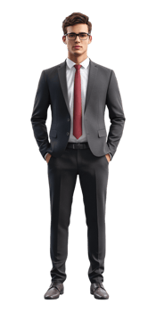 A man in a suit and tie standing with his hands in his pockets png