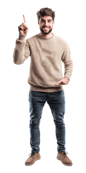 A man in a sweater is pointing his finger up png
