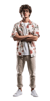 A man in a floral shirt and khaki pants png