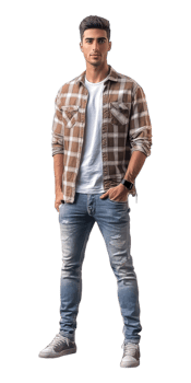 A man in a plaid shirt and jeans png
