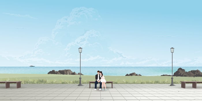 Couple of lover kissing on the bench at seaside have blue sky background graphic illustration. Sweetheart's dating concept have blank space. vector