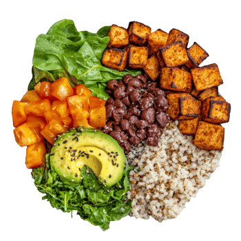 Healthy grain bowl with vegetables and tofu png