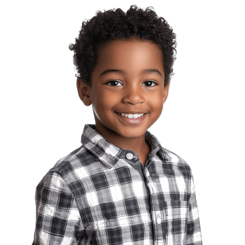 Young boy smiling in a checkered shirt png