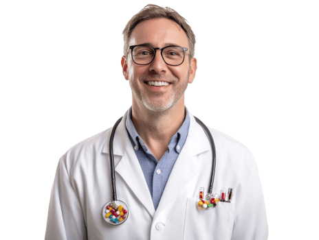 Friendly doctor wearing lab coat and glasses png