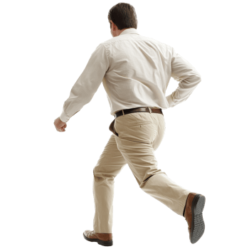 Man walking briskly in a light colored outfit png