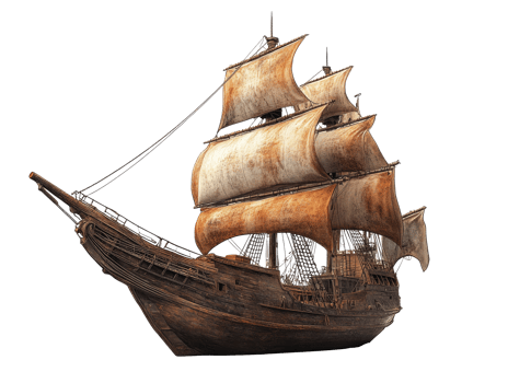 Old sailing ship with worn sails in bright light png