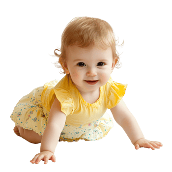 Cute baby crawling in yellow dress with smile png