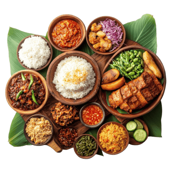 Malaysian feast with rice and dishes png