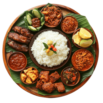 Traditional rice platter with various side dishes png