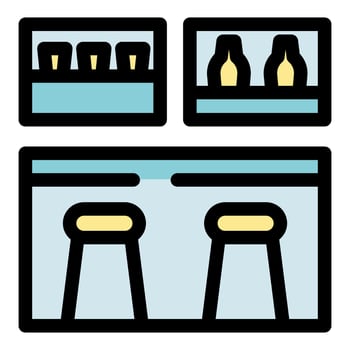 Bar counter with stools and shelves holding glasses and bottles vector
