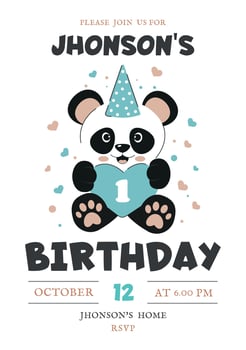 Happy Birthday Panda Invitation Card Design. Cute Illustration Kids Greeting Poster. Birthday Party template for stories, social media, celebration, children. Panda, Heart and Cap. vector