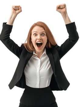 A woman in a business suit is raising her arms png