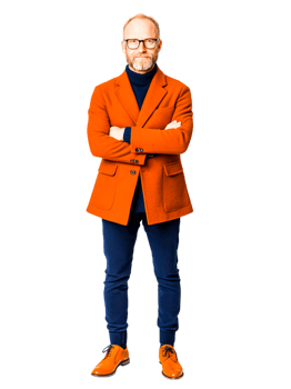 Stylish Man in Orange Coat with Arms Crossed png