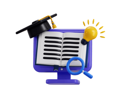Online education icon concept in 3d realistic style with book, monitor, graduation cap and idea bulb icon 3d render png