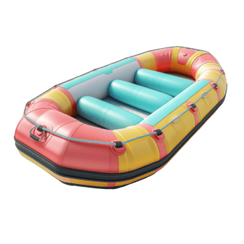 Colorful inflatable raft ready for whitewater adventure in a scenic river setting png