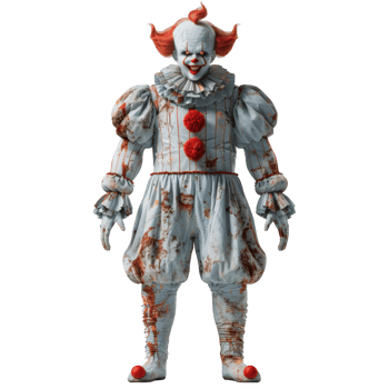 A creepy clown standing with frost covering in a spooky, dimly lit setting png