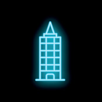 Blue neon sign depicting a skyscraper on black background vector