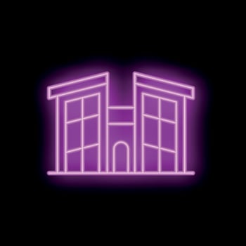 Neon sign depicting a building with glowing windows on a dark background vector