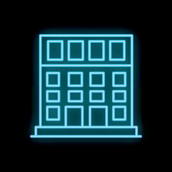 Glowing neon sign of a modern multi storey building with large windows on a black background vector