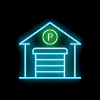 Glowing neon sign depicting a parking garage on a black background vector