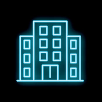 Glowing neon sign depicting office buildings on black background vector