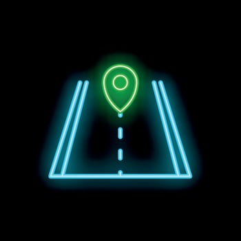 Neon sign showing a location pin icon appearing over a road vector