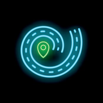 Neon icon of winding road leading to location pin vector