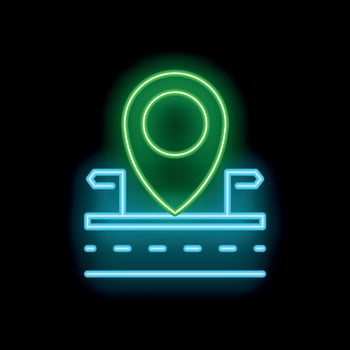 Neon green glowing location pin icon showing road with arrows on black background vector