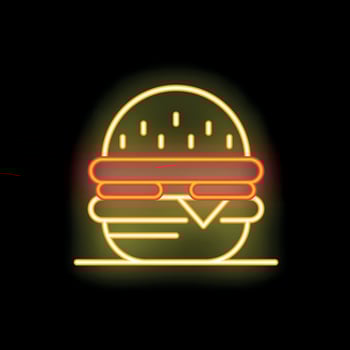 Glowing neon sign of hamburger with beef, salad and cheese on black background vector