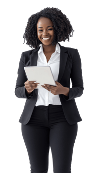 A smiling black woman holding a tablet computer png