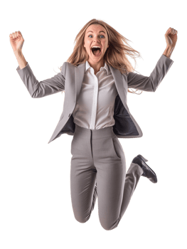 A woman in a business suit is jumping up in the air png