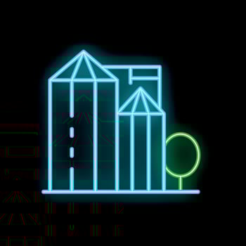 Neon glowing cityscape with buildings and road at night illustration vector
