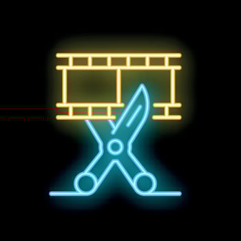 Neon scissors cutting film strip for editing concept vector