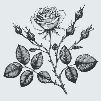 A black and white drawing of a rose with leaves vector