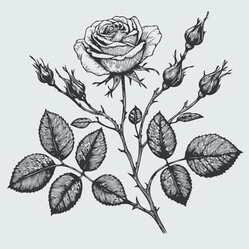 A black and white drawing of a rose with leaves, Vintage botanical illustration. Flowers, leaves, buds. Black and white vector
