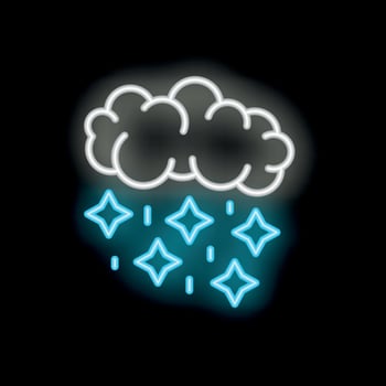 Glowing neon sign of cloud raining stars on black background vector