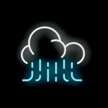 Blue and white neon sign of raining cloud on black background vector